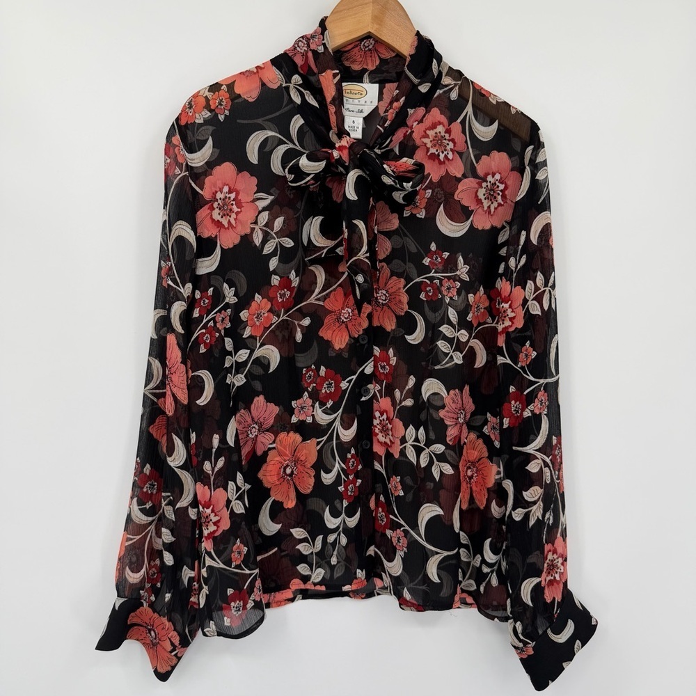 Talbots Petites Sheer 100% Silk Chiffon Floral Tie-Neck Blouse